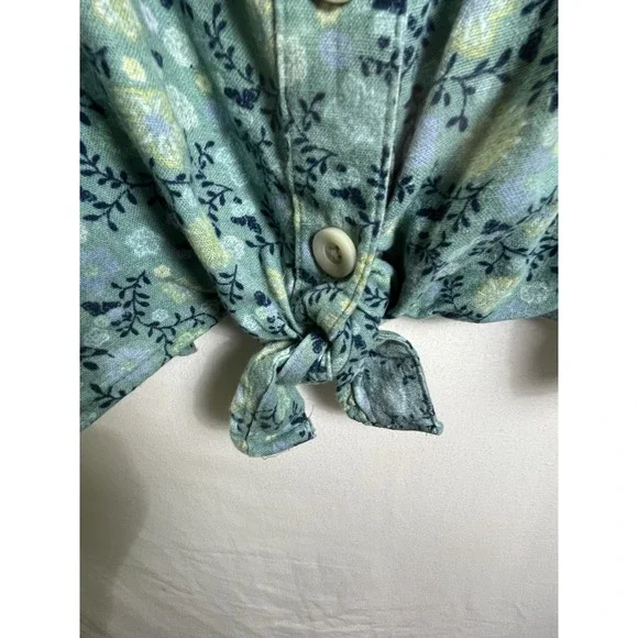 Sonoma Womens L Linen Tank Top Square Neck Tie Button Olive Blue Floral Boho - Picture 5 of 8